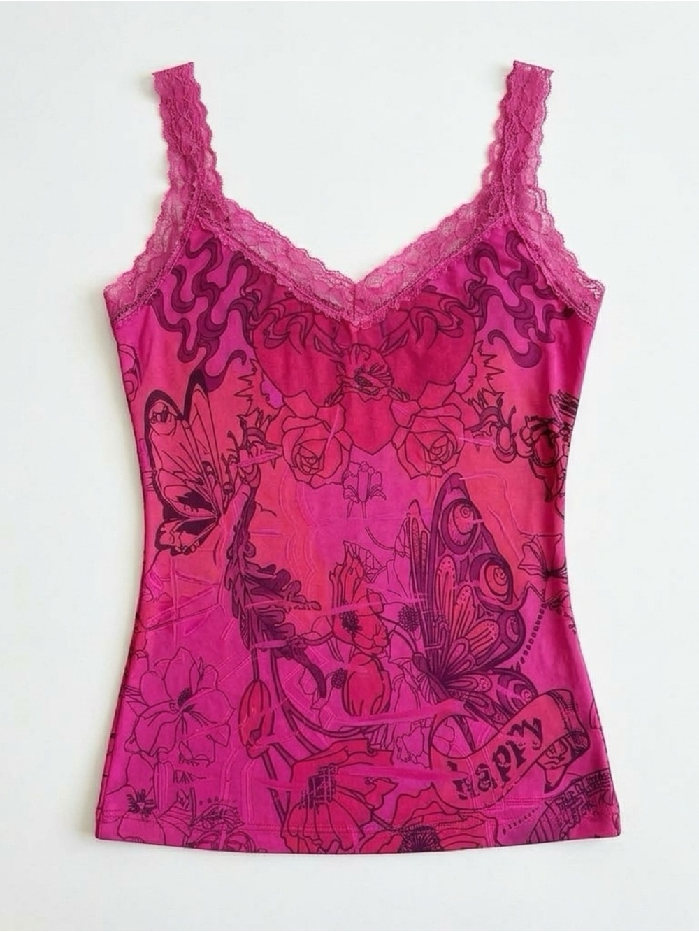 Y2K Pink Lace-Trim Floral Print Cami Tank Top Size S